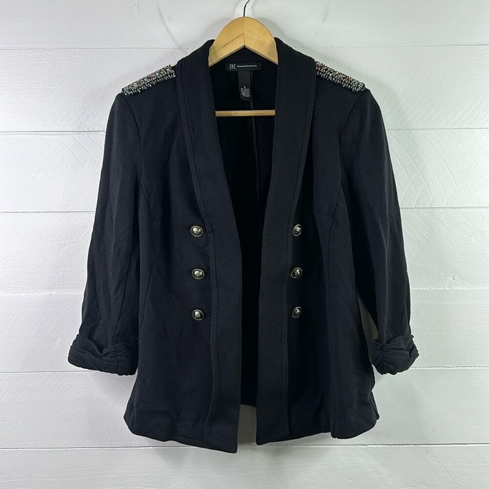 INC Black Beaded Shoulder 3/4 Sleeve Open Front Cardigan Jacket Size Small‎